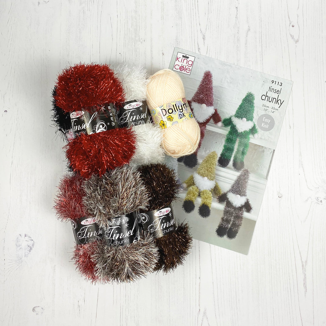 Knitting Kit: Two Gnomes in Red and Brown Tinsel Yarn