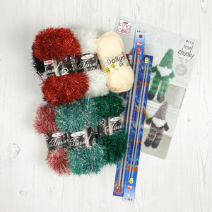 Knitting Kit: Two Gnomes in Red and Green Tinsel Yarn