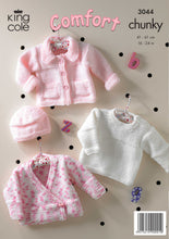 Load image into Gallery viewer, Image of back cover of King Cole chunky yarn baby knitting pattern. The image shows a white sweater, pink and white crossover cardigan and a pale pink hat and jacket with collar
