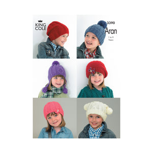 Pattern + Yarn: Six Hats in Red Aran Yarn for Ages 1-9 years