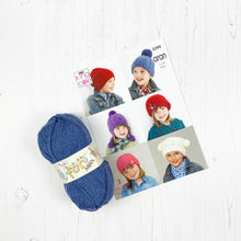Load image into Gallery viewer, Pattern + Yarn: Six Hats in Denim Blue Aran Yarn for Ages 1-9 years
