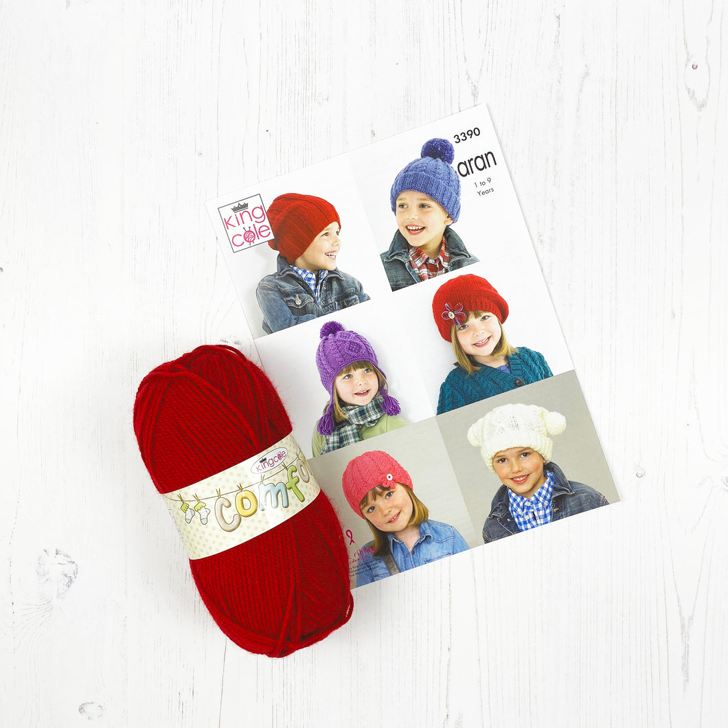 Pattern + Yarn: Six Hats in Red Aran Yarn for Ages 1-9 years