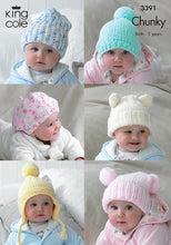 Load image into Gallery viewer, Image of cover of King Cole knitting pattern 3391. Show six babies wearing a different chunky baby hat. Ribbed beanie in blue and white, green pom pom, pink and white beret, cream teddy bear, yellow bobble hat with flaps, pink tea bag hat
