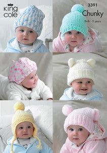 Image of cover of King Cole knitting pattern 3391. Show six babies wearing a different chunky baby hat. Ribbed beanie in blue and white, green pom pom, pink and white beret, cream teddy bear, yellow bobble hat with flaps, pink tea bag hat