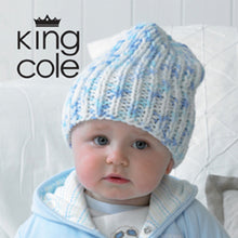 Load image into Gallery viewer, Image of a baby wearing a hand knitted chunky baby beanie or slouchy hat. The hat is knitted in rib with white chunky yarn with blue flecks
