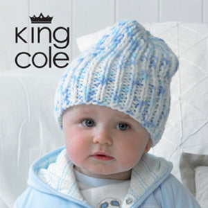 Image of a baby wearing a hand knitted chunky baby beanie or slouchy hat. The hat is knitted in rib with white chunky yarn with blue flecks