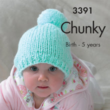 Load image into Gallery viewer, Image of a baby wearing a chunky bobble or pompom hat. The hat is knitted in green chunky baby yarn and has a short rib edge. The main section is knitted in stocking stitch and finished with a pom pom
