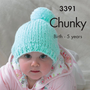 Image of a baby wearing a chunky bobble or pompom hat. The hat is knitted in green chunky baby yarn and has a short rib edge. The main section is knitted in stocking stitch and finished with a pom pom