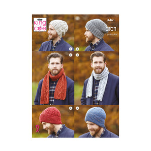 Image of cover of King Cole knitting pattern 3461 showing 4 images of a man wearing a ribbed slouchy beanie, slouchy beanie with rib turn back, two scarves with cable panels,  traditional beanie with turn back - one with cable detail and one plain