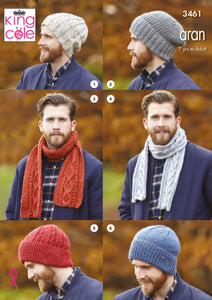 Image of cover of King Cole knitting pattern 3461 showing 4 images of a man wearing a ribbed slouchy beanie, slouchy beanie with rib turn back, two scarves with cable panels,  traditional beanie with turn back - one with cable detail and one plain