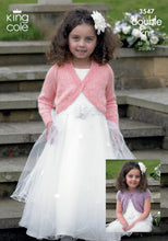 Load image into Gallery viewer, Image of cover of King Cole knitting pattern 3547 with a girl wearing a white flower girl dress and pink v neck bolero with long sleeves. The yarn is interwoven with sequins for added sparkle. Inset photo of purple, round neck, capped sleeve option
