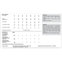 Load image into Gallery viewer, Image of table of materials and measurements to knit the three bolero designs. Includes quantities of yarn, suggested yarn, sizes of straight knitting needles and buttons
