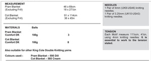 Image of table of measurements and materials required to knit King Cole pattern 3703. Includes quantities of yarn, suggested yarn and size of straight knitting needles
