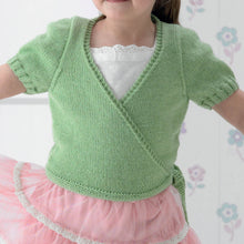 Load image into Gallery viewer, Close up of short sleeve ballet or dance wrap hand knitted in green yarn. You can see the alternating garter and stocking stitch band on the crossovers, the garter stitch bottom band and tie and the rib edging on the sleeves
