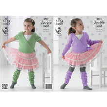 Load image into Gallery viewer, Image of cover of King Cole knitting pattern 3712. It shows a young girl in a pink tutu skirt wearing a long sleeved crossover ballet cardigan in purple and a short sleeved ballet wrap in green, both with matching rib dance leg warmers
