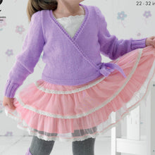 Load image into Gallery viewer, Close up of long sleeve ballet top crossover cardigan hand knitted in purple yarn. You can see the alternating garter and stocking stitch band on the crossovers, the garter stitch bottom band and tie and the deep rib cuffs
