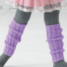 Load image into Gallery viewer, Image of close up of dance leg warmers hand knitted in purple yarn. They are knitted using a wide rib stitch and are worn slouched over grey wool tights
