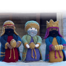 Load image into Gallery viewer, The three wise men bearing gifts. They all wear a robe and long coat in a variety of colours. They each have a different head dress including a crown and different coloured beards. 

