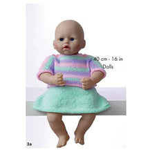 Load image into Gallery viewer, Image of a 40cm or 16inch toy doll wearing a circular skirt and matching short sleeve top. The skirt is knitted in a mint green colour in stocking stitch with a garter stitch hem. The top is green, lilac and pink stripes in reverse stocking stitch
