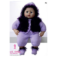 Load image into Gallery viewer, Super trendy doll wearing a lilac long sleeved hooded top with matching trousers and boots. The hoodie has black fur fronts and trimmed hood. The boots are also black fur trimmed to match
