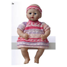 Load image into Gallery viewer, Image of a 40cm 16inch toy doll wearing a colourful striped short sleeve dress knitted with self-striping yarn in dark and light pink, white and lilac. She wears a matching headband
