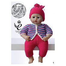 Load image into Gallery viewer, Image of 40cm toy doll wearing pink trousers and matching hat with cardigan knitted in blue, pink and white stripes with white bands
