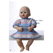 Load image into Gallery viewer, Image of a 40cm or 16inch toy doll wearing a circular skirt and matching short sleeve top. They are knitted in self striping DK yarn in grey, blue, pink and cream. The cream band has subtle flower-like motifs in blue and gold
