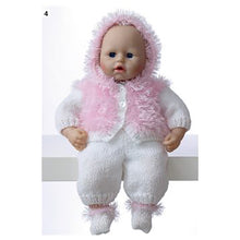 Load image into Gallery viewer, Image of a 40cm doll wearing a trendy faux fur outfit. The long sleeved hooded top is white with pale pink fur panels on the front and a fur trimmed hood. White trousers and white boots with pink fur trim complete the outfit
