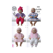 Load image into Gallery viewer, Image of front cover of Knit Cole knitting pattern 4000. 4 toy dolls wearing a striped cardigan with trousers and hat, striped skirt and top, dress with headband and fur jacket with trimmed hood and boots with white trousers
