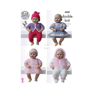 Image of front cover of Knit Cole knitting pattern 4000. 4 toy dolls wearing a striped cardigan with trousers and hat, striped skirt and top, dress with headband and fur jacket with trimmed hood and boots with white trousers