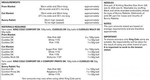Image of table of measurements and materials required to knit the blankets and rabbit toy featured in King Cole knitting pattern 4006. Includes quantities of recommended yarn and straight knitting needle sizes