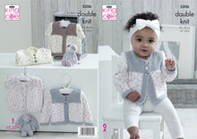 Load image into Gallery viewer, Image of a cute baby girl wearing a cardigan knitted in Cottonsoft DK yarn. The bands, cuffs and top of the fronts in silver yarn and garter stitch. The sleeves and fronts in white yarn with pink and silver flecks
