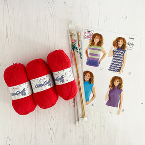 Knitting Kit: Summer Tops for Ladies in Red Cotton 4 Ply Yarn