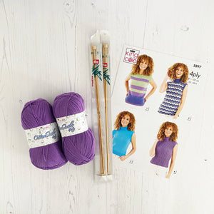 Knitting Kit: Summer Tops for Ladies in Purple Cotton 4 Ply Yarn