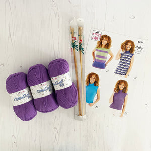 Knitting Kit: Summer Tops for Ladies in Purple Cotton 4 Ply Yarn