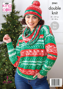 Knitting Pattern: Adult Sweater, Cowl and Hat in Christmas Yarn