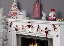 Load image into Gallery viewer, Super fun Christmas bunting hang on a mantlepiece. Alternating stick figure Santas and snowmen. They are knitted knit in dark red and white yarns. Santa has a bauble hat and the snowman&#39;s hat is striped with a red pom pom and a red scarf
