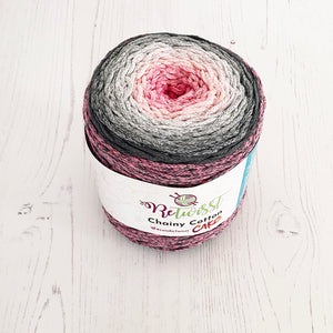 Yarn: Retwisst Recycled Chainy Cotton Cake Five Colour Gradient, Grey and Pink, 250g