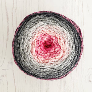 Yarn: Retwisst Recycled Chainy Cotton Cake Five Colour Gradient, Grey and Pink, 250g
