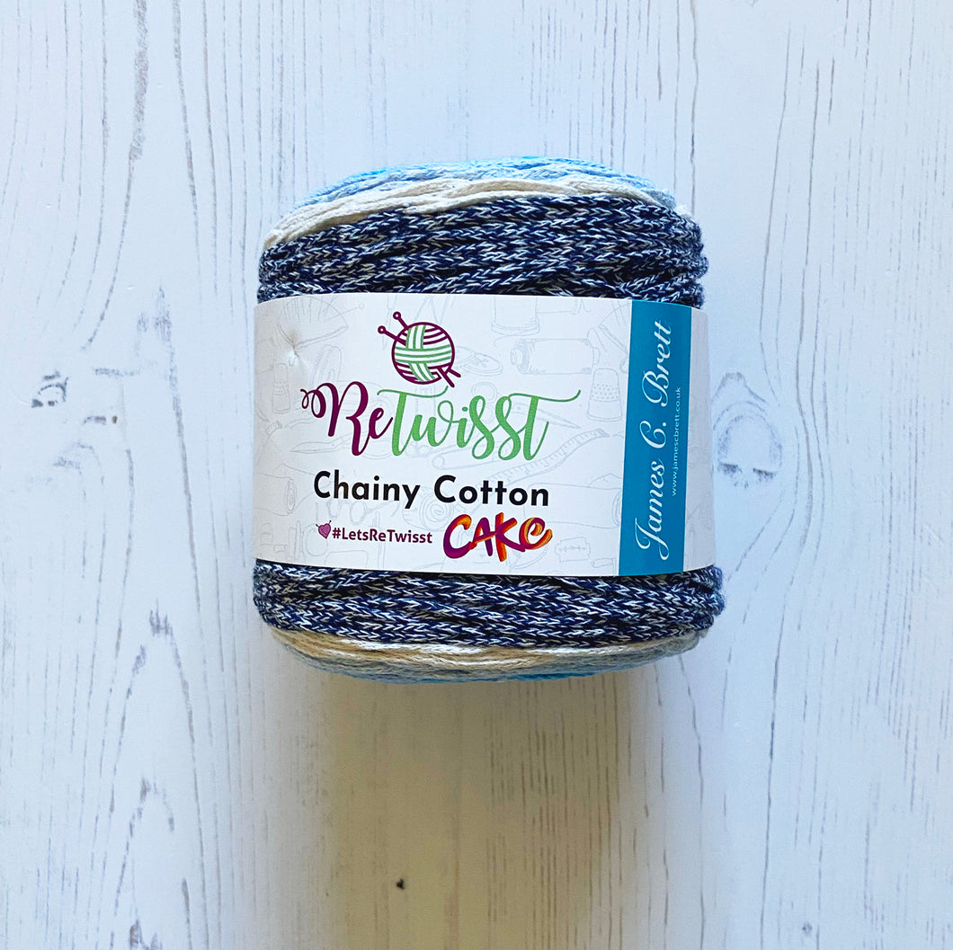 Yarn: Retwisst Recycled Chainy Cotton Cake Blues and Cream Five Colour Gradient, 250g