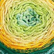 Load image into Gallery viewer, Yarn: Retwisst Recycled Chainy Cotton Cake Five Colour Gradient, Green and Yellow, 250g
