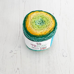 Yarn: Retwisst Recycled Chainy Cotton Cake Five Colour Gradient, Green and Yellow, 250g