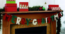Load image into Gallery viewer, Crochet the letters of Merry Christmas in alternating red, green and cream yarns. Attach them to a red, green and cream twisted cord to create festive bunting or a garland to hang on your fireplace
