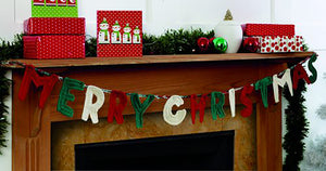 Crochet the letters of Merry Christmas in alternating red, green and cream yarns. Attach them to a red, green and cream twisted cord to create festive bunting or a garland to hang on your fireplace