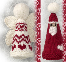 Load image into Gallery viewer, Cone shaped Angel and Father Christmas decorations. Father Christmas is dark red with a white heart motif at the bottom. A brown face, white beard and trimmed hat with pompom. The white angel has butterfly-like wings and rows of hearts or zigzags
