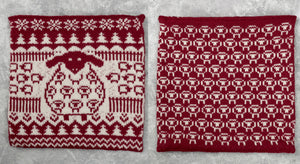 This amazing cushion is knitted in red and white yarn. The front has a sheep in the middle and the rest is made up of mini sheep, tree and snowflake motifs. The back is rows of outlines of sheep. It is classy and fun and will make a perfect gift