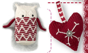A white owl with dark red wings. Its lower body is rows of red striped tree-like triangles alternating up and down. Finished with large white eyes and black buttons. A dark red love heart ornament is finished with a button and embroidered white lines