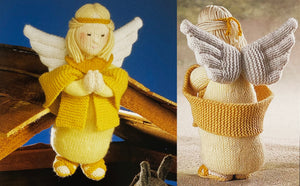 Image of knitted Angel from the Alan Dart Nativity knitting pattern. The front and the back of the angel are shown. She is dressed in different shades of yellow and gold and her wings are white