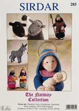 Load image into Gallery viewer, Image of the back of the Alan Dart Nativity knitting pattern book. A collage of images show the sheep, a shepherd, the donkey, two wise men and a crop of Mary with Baby Jesus. Sirdar The Nativity Collection 285
