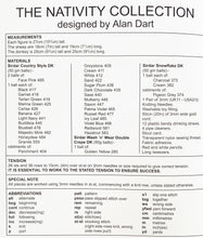 Load image into Gallery viewer, Sirdar The Nativity Collection book 285 designed by Alan Dart. This image shows a table of measurements and materials required to knit each character and animal. It notes the size of knitting needles, tension and abbreviations for the  pattern
